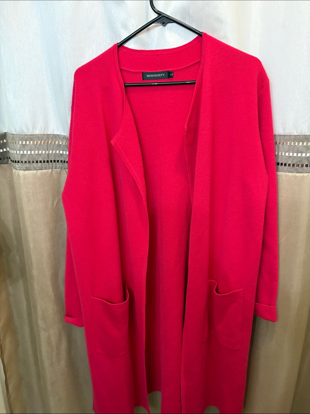 Merokeety Open-Front Long Cardigan Sweater - Hot Pink